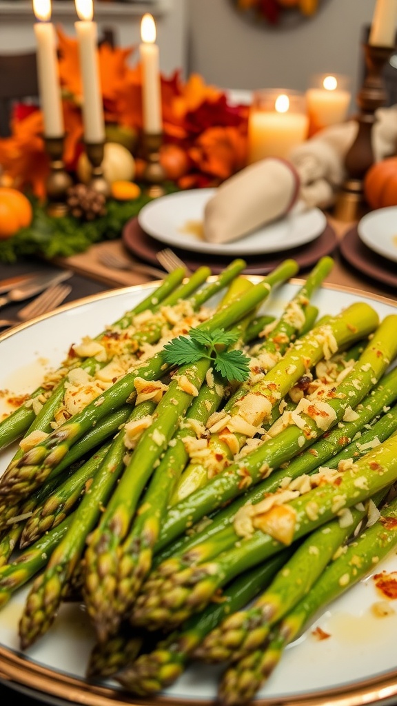 Roasted garlic Parmesan asparagus on a serving platter with parsley, surrounded by Thanksgiving decor.